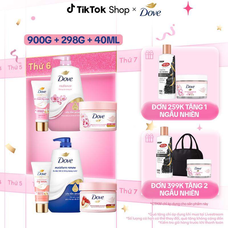  Bộ sản phẩm chăm sóc da toàn diện - Sữa tắm dưỡng thể Dove 900g + Smoothie Tẩy Da Chết 298g+ Dove Serum dưỡng sáng khử mùi 40ml - Hương Hoa Anh Đào  1  
