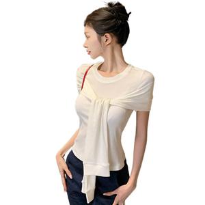 Shawl Fake Two-Piece Red Short Sleeve T-Shirt for Women Summer New Design Round Neck Niche Slim Fit Tie Top