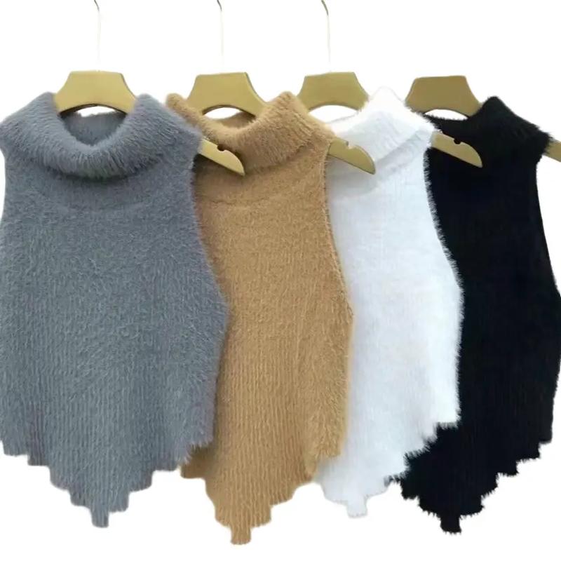 tank top & áo quây Áo len yếm lông cổ lọ sát nách tà nhọn xẻ hở lưng phía sau áo len Nữ Voi Top