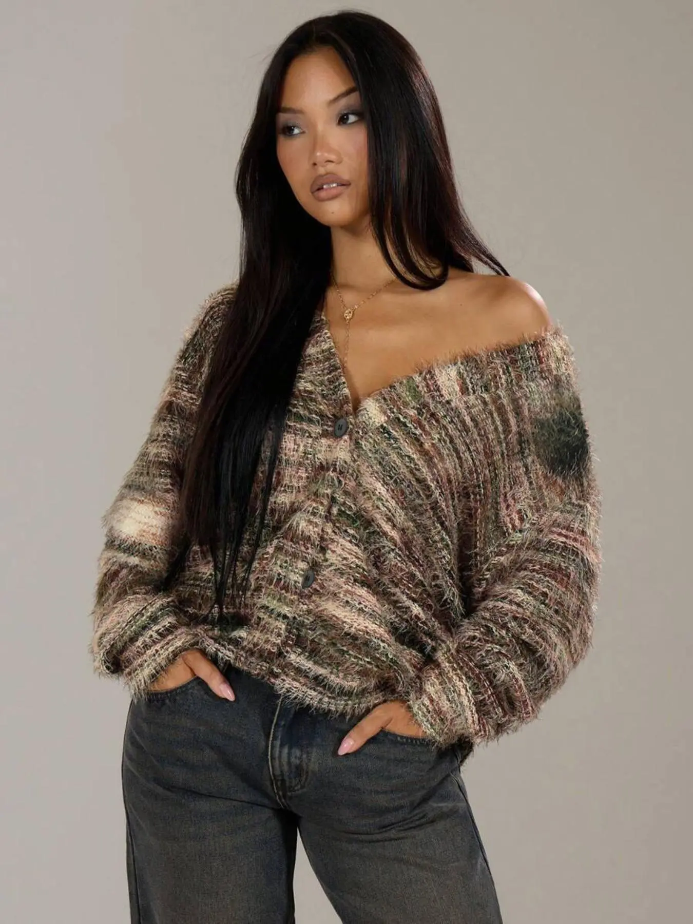 Women's Colorblock Print Button Front Drop Shoulder Sweater Cardigan, Casual Chic Long Sleeve Jumper for Fall & Winter, Fashion Ladies' Knitwear for Daily Wear, Going Out Tops