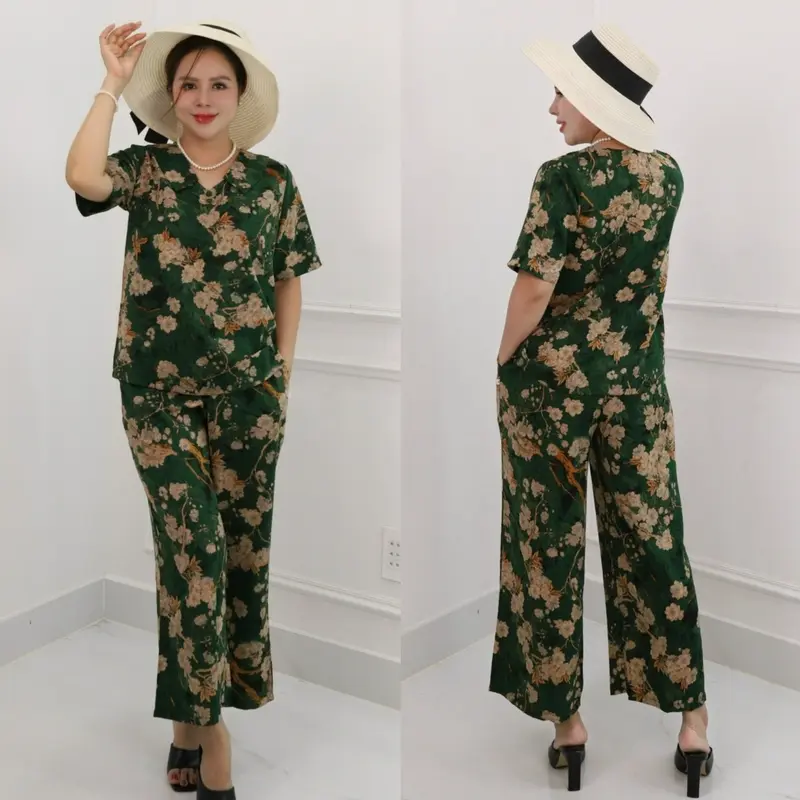 MS03 Đồ Bộ Trung Niên, Áo Cổ Nút,, Quần Suông 9 tấc, Vải Luạ Nhập cao cấp Nữ Women Top Jacket 8
