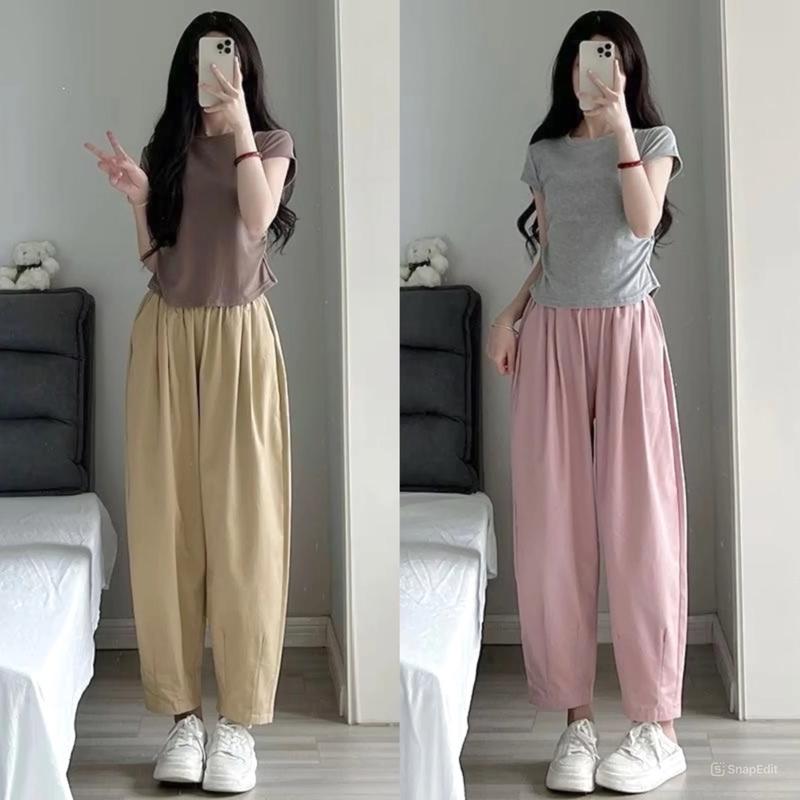 Quần ống rộng Dáng Lửng lụa gió mềm mát cạp chun lưng cao có dây rút Nữ