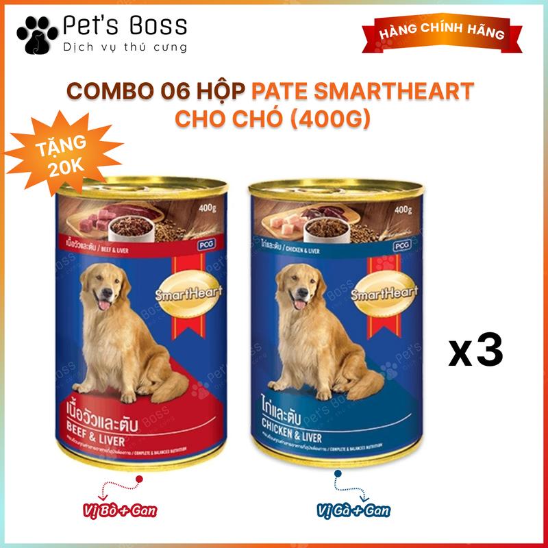 Combo 6 Lon Pate Smartheart Cho Chó Lon 400g Vị Bò Gan & Gà Gan | PetsBoss