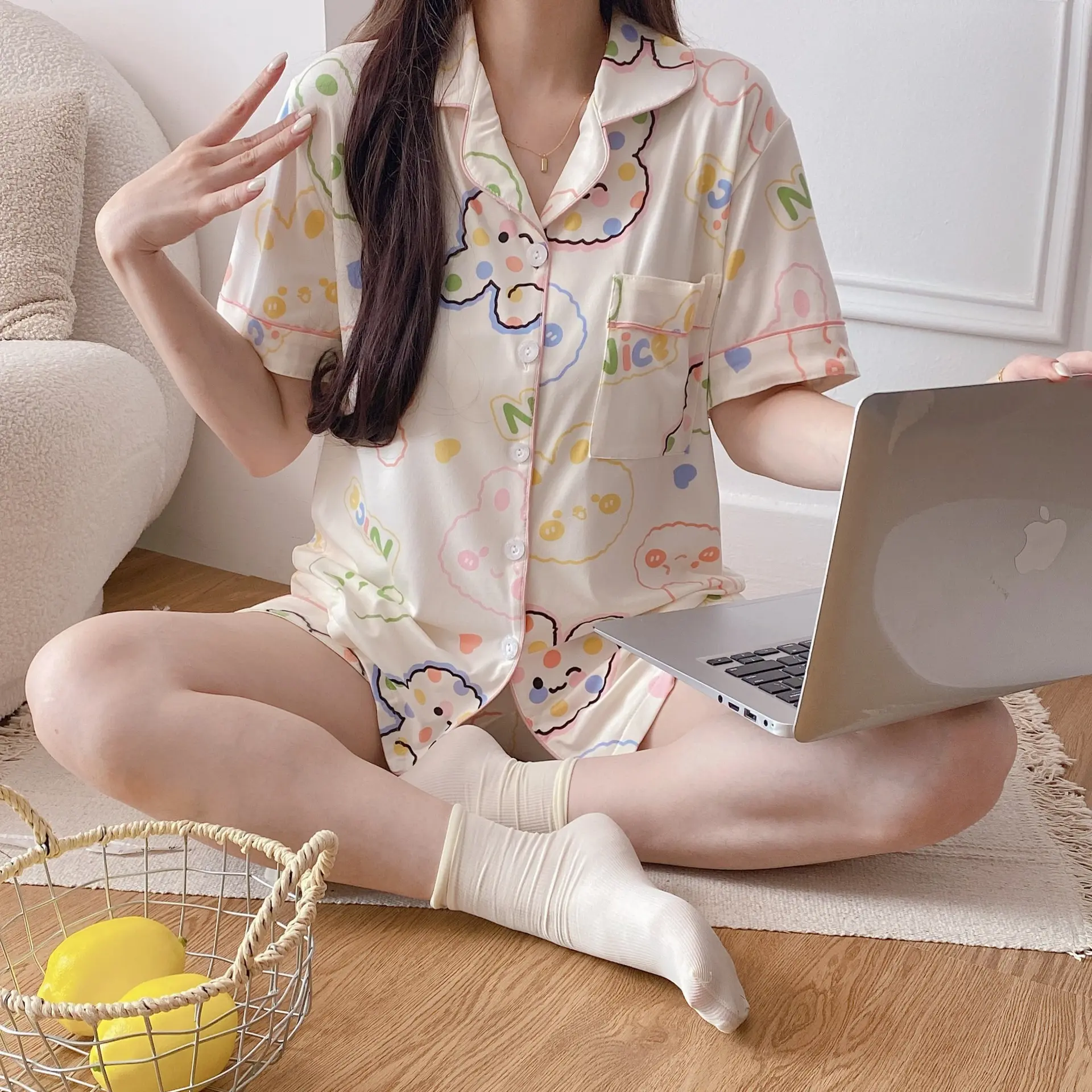 Bộ Đồ Ngủ Mùa Hè, Phong Cách Hoạt Hình, Dành Cho Nữ, Hàng Mới Về, Áo Cardigan Ngắn Tay, Chất Liệu Giống Như Bông, Dáng Rộng Vừa Vặn, Thích Hợp Cho Học Sinh, Thiết Kế Dễ Thương Và Ngọt Ngào Đồ Mặc Nhà Top Women Baggy