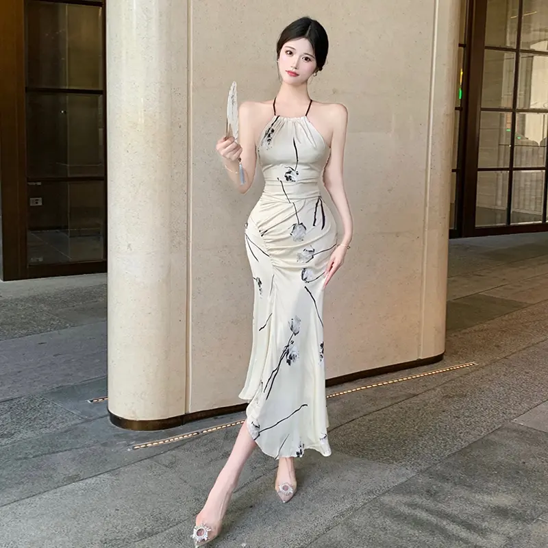 7873 midi dress putih cantik ke pantai press body tanpa lengan motif bunga wanita korean style gaun pesta mewah elegan import 1