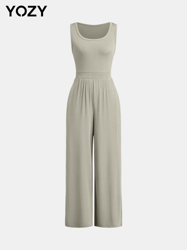 YOZY Solid High Waist Wide Leg Tank Jumpsuit/ Casual Comfort Sleeveless Jumpsuit, Women's Daily Wear for Summer & Autumn 4