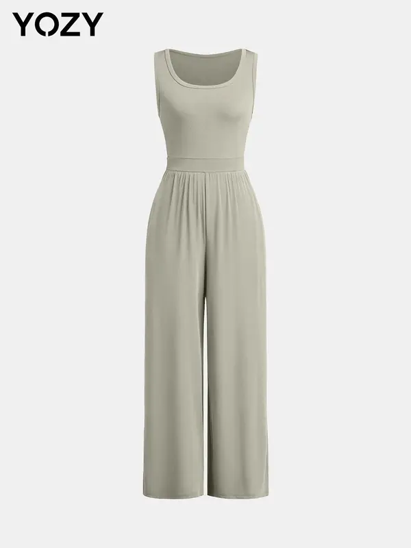 YOZY Solid High Waist Wide Leg Tank Jumpsuit/ Casual Comfort Sleeveless Jumpsuit, Women's Daily Wear for Summer & Autumn 4