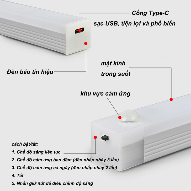 Đèn cảm biến LED không dây 20CM cảm biến thông minh ánh sáng tủ quần áo phòng ngủ đèn tiện lợi Sạc USB 4