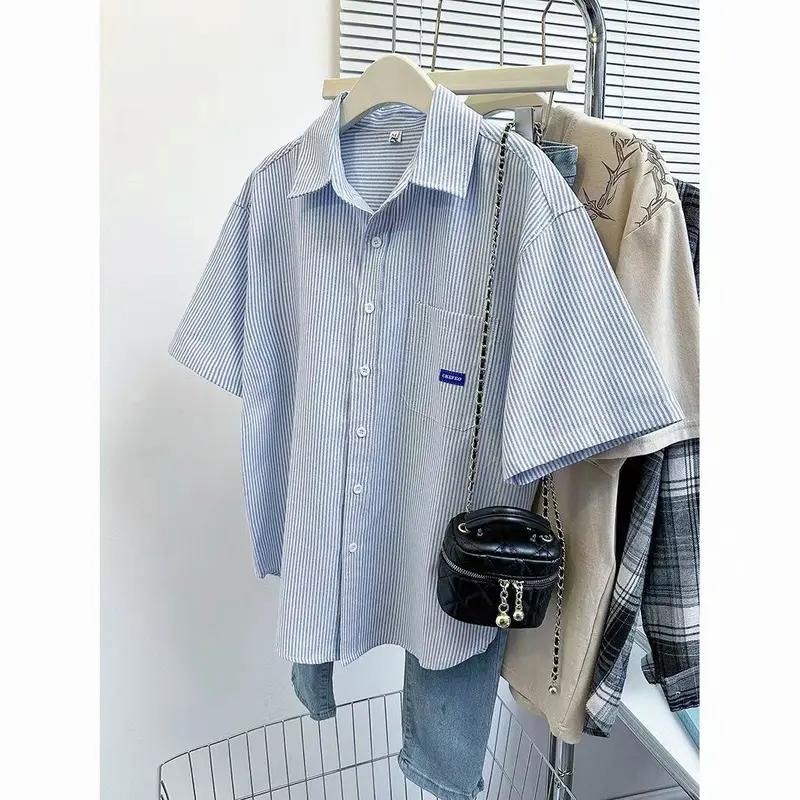 Áo sơ mi ngắn tay sọc Xanh Biển retro kiểu Nhật Bản, áo sơ mi bé trai và bé gái mùa hè rộng rãi, phù hợp với đa năng, mỏng, áo mới, áo khoác ngoài 4