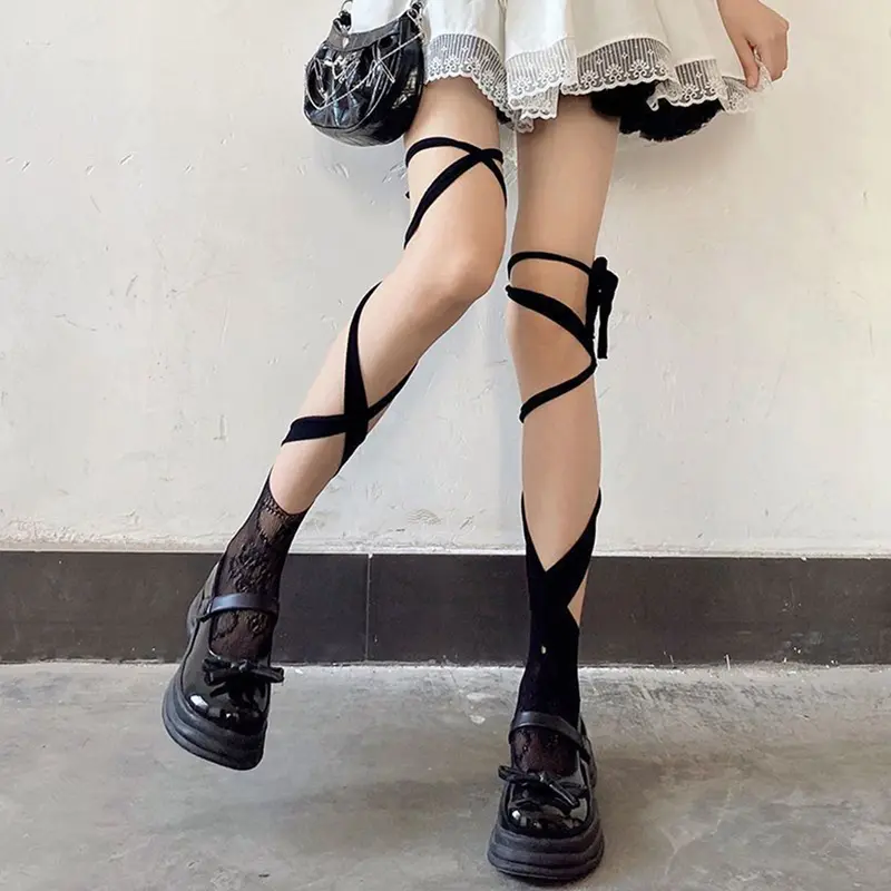 Women Calf Socks, Elastic Soft Lolita Socks Stockings Tie-up Sheer Socks for Daily Party Light Womenswear