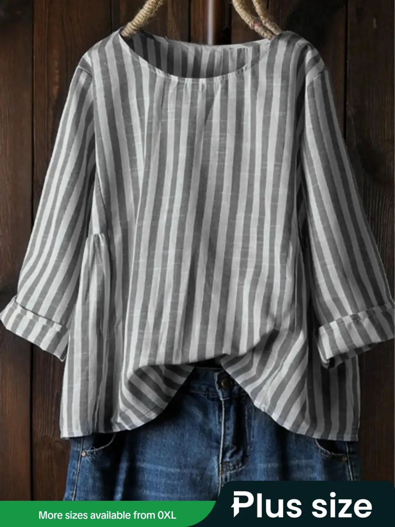 【Plus Size】 Striped Print Blouse, Casual Crew Neck Top for Spring & Fall, Women's Clothes for Daily Wear