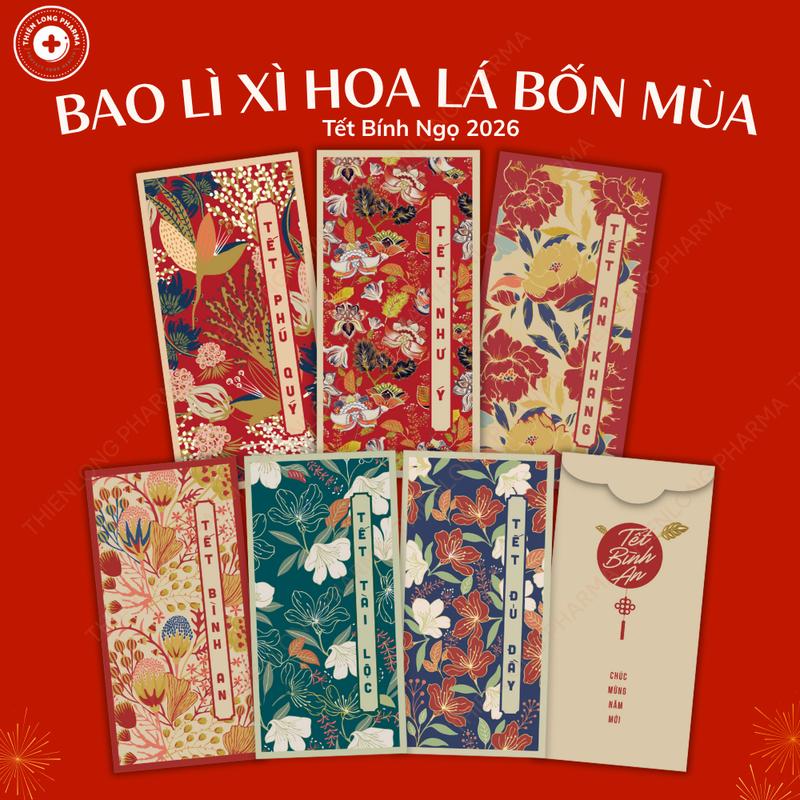 Set Bao Lì Xì 2026 Lì Xì Bộ Hoa Lá Tết Bính Ngọ giấy C150 màu in sắc nét