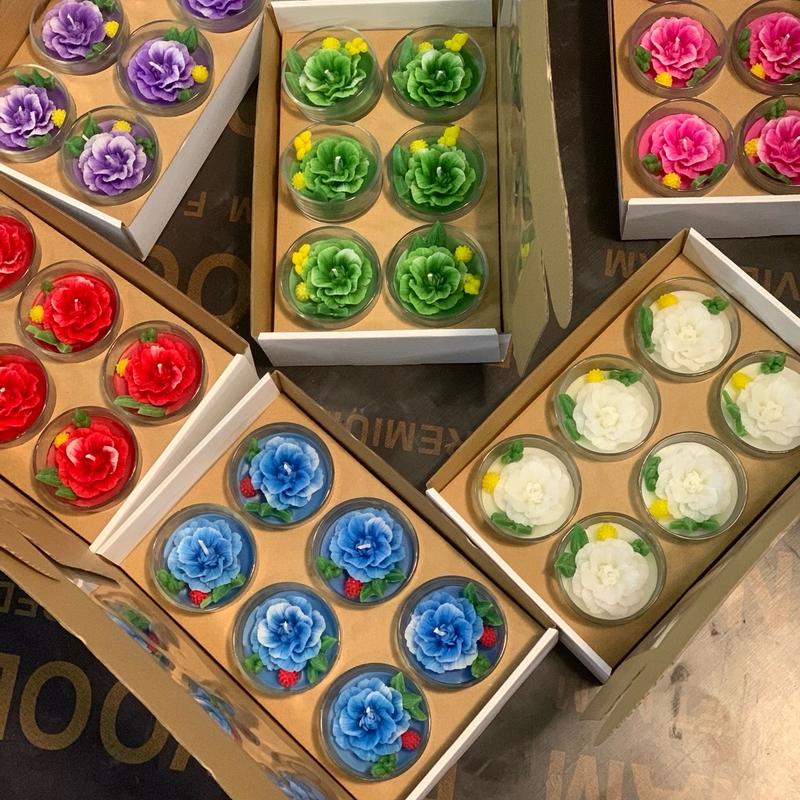 HỘP NẾN BƠ T56 HOA THÁI (6 cốc/hộp) tg cháy 10-12g