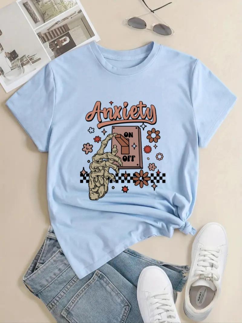 Product Introduction of Women's Cartoon Skeleton & Letter Print Round Neck Graphic Tee for Summer, Summer Clothes, Vintage Trendy Casual Drop Shoulder Half Sleeve T-shirt for Daily Wear, Ladies Summer Outfit 15