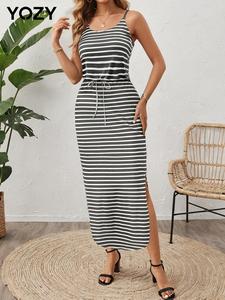 YOZY Women's Striped Print Drawstring Split Thigh Cami Dress, Casual Adjustable Strap Sleeveless Long Dress for Beach Holiday Vacation, Ladies Clothes for All Seasons
