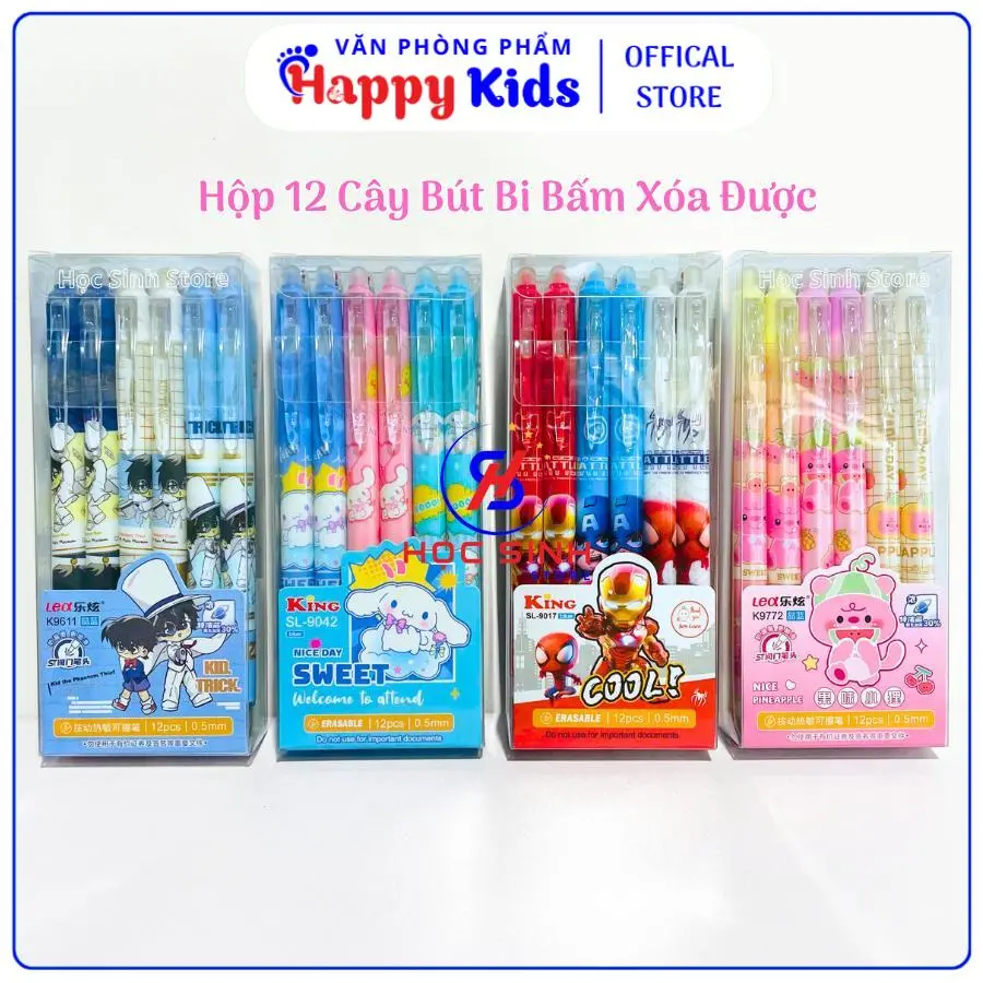Hộp 12 Cây Bút Gel Bấm Xóa Được Ngòi Nhỏ 0.5mm Mực Xanh/Tím ( Giao mẫu ngẫu nhiên ) - Mực Sáng, Mực Đều, Viết Êm Và Dễ Dàng Tẩy Xóa - VPP Happy Kids