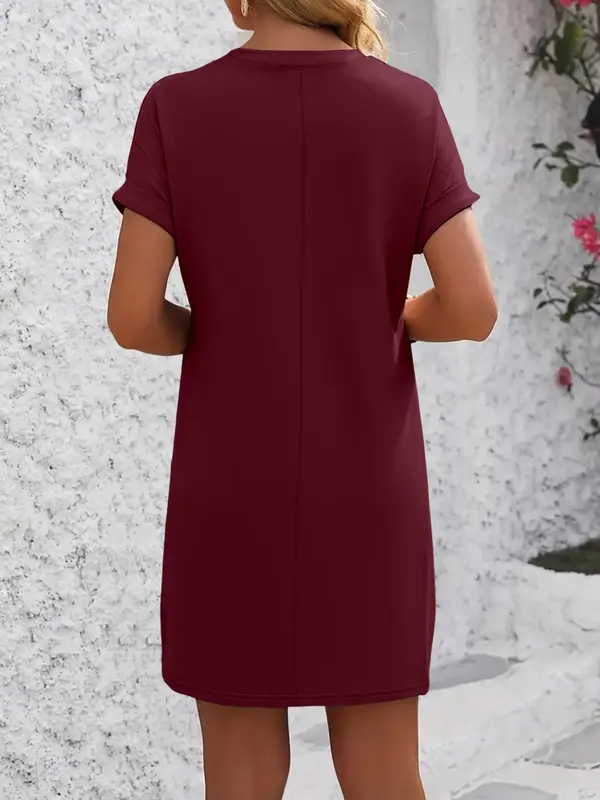 Women's Plain Curved Hem Raglan Sleeve Tee Dress, Casual Short Sleeve Round Neck Dress for Spring & Fall, Ladies Clothes for Daily Wear 3