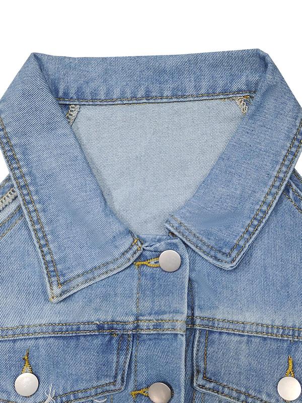 【Plus Size】 Distressed Button Fly Denim Jacket, Fashion Casual Collared Outerwear for Daily Outdoor Wear, Women Plus Clothing for Summer 7