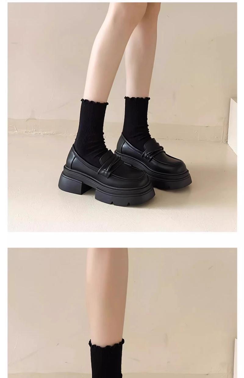 Product Introduction of Thick Bottom Chunky Heel British Style Leather Shoes Women's 2024 New Autumn and Winter Slip-on Women's Shoes Black Single-Layered Shoes Loafers 18
