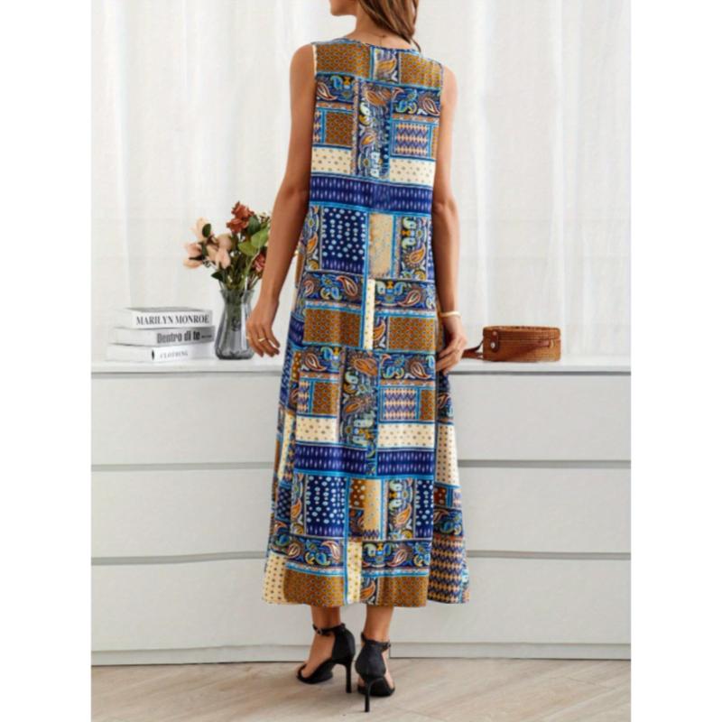 Women's Vintage Ethnic Patchwork Print Sleeveless Midi Dress - Casual Summer Loose Fit with Crew Neck, Lightweight Polyester-Elastane Blend, Vibrant Blue, Yellow, Black & White Patterns 2