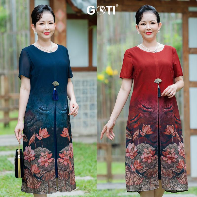 Product Introduction of GOTI Thời Trang Trung Niên Cao Cấp Đầm Suông Voan Xẻ Tà In Hoa Sen Tay Ngắn Quý Phái 3406  Nữ Nhung Dress 25