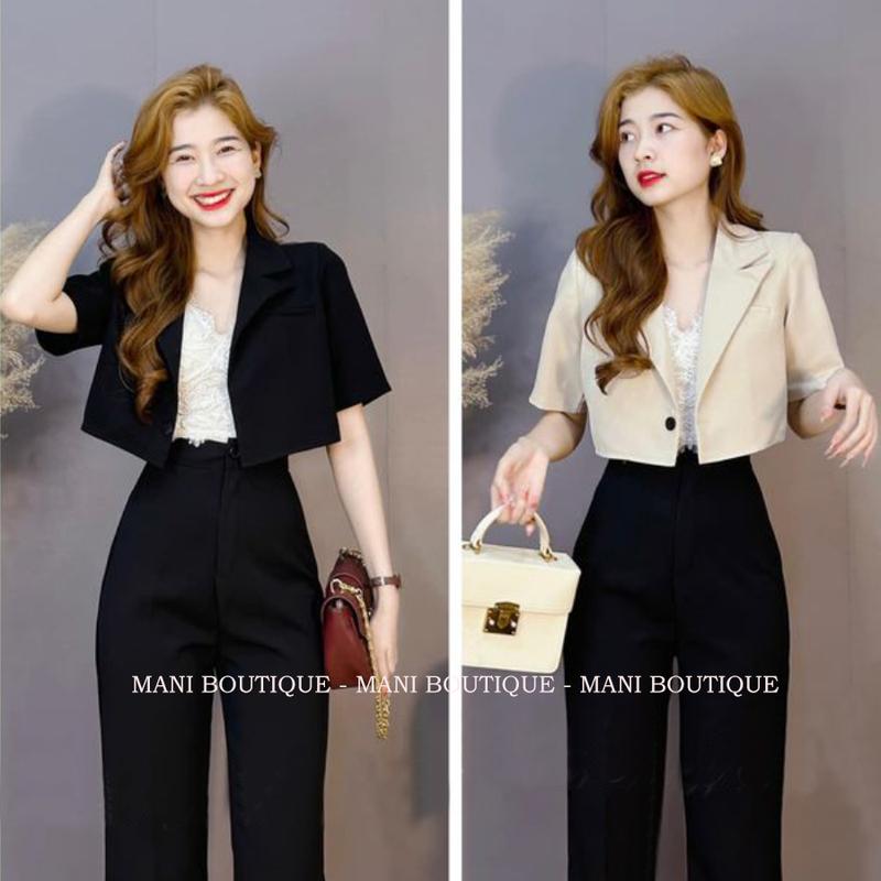 Áo Blazer lửng cộc tay trendy hàng thiết kế có đệm vai free size dưới 55kg Áo Crop Top Nữ Kem Jacket Women