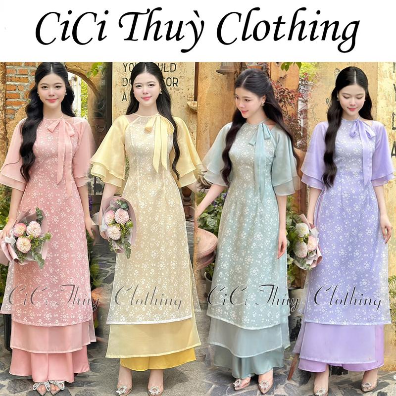 (Sẵn Hàng) Áo Dài Ngọc Hà Chít Eo Chất Liệu Tơ mềm mịn áo dài đẹp 4 tà có cổ yếm chất liệu voan tơ mềm phối tay 2 lớp Nữ Women Dress