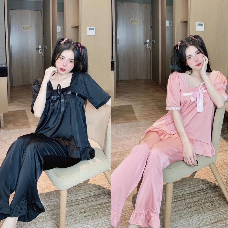 Bộ pijama lụa cộc tay quần dài phối nơ,ren tay điệu sang chảnh Lụa Trơn Nhung Nữ 0