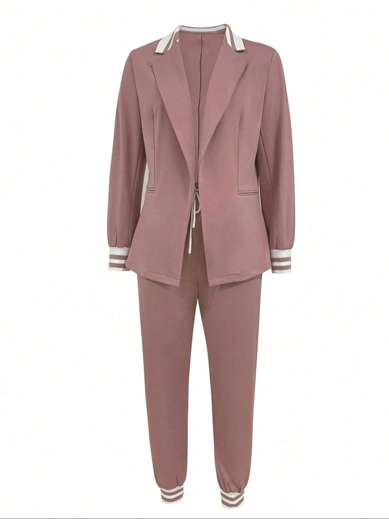 Product Introduction of Women's Solid Lapel Neck Blazer & Drawstring Waist Pants Two-piece Set, Casual Long Sleeve Outerwear & Pocket Trousers for Work Office Business, Co-ord Sets, Dress Suit, Ladies Clothes for All Seasons 4