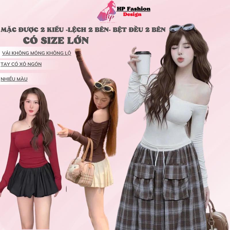 Áo thun lệch trễ hở vai body dài tay, áo kiểu nữ màu đen trắng đỏ co giãn mùa hè mùa đông noel tết tôn dáng  HP5 Nhung Top có bigsize