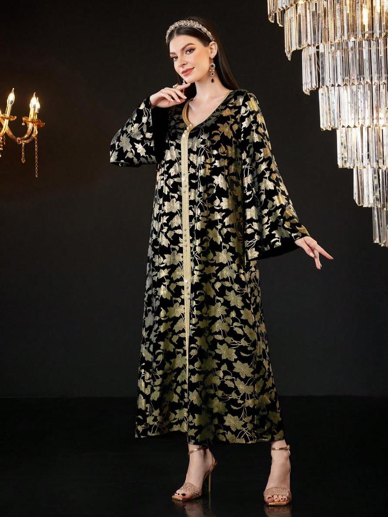 Product Introduction of Women's Floral Print Long Sleeve Dress, Elegant Open Front Maxi Muslim Dress for Party Daily Wear, Ladies Islamic Clothing for All Seasons 7