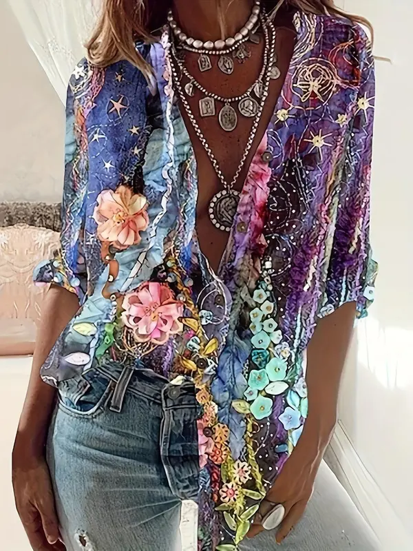 Women's Floral Print Button Front Blouse, Boho Notched Neck Long Sleeve Top for Vacation Holiday, Ladies Clothes for All Seasons 0