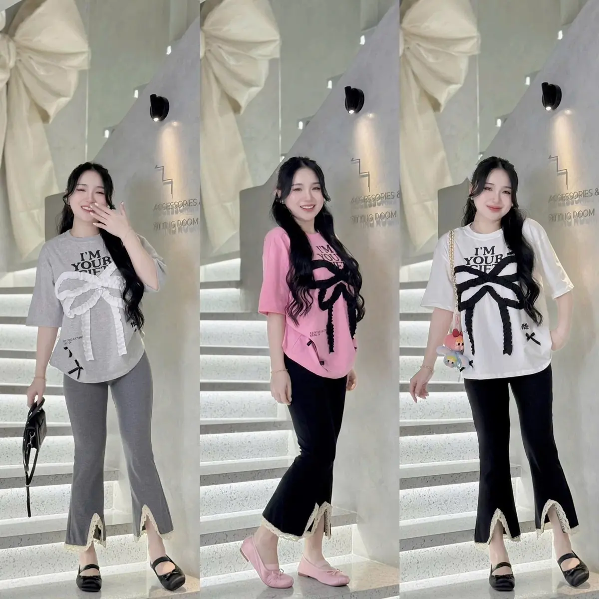 Sét đồ nữ,Đồ bộ nữ áo from rộng gắn nơ quần loe ren [Mẫu bán têt] Siêu đẹp _Thời trang Big Size