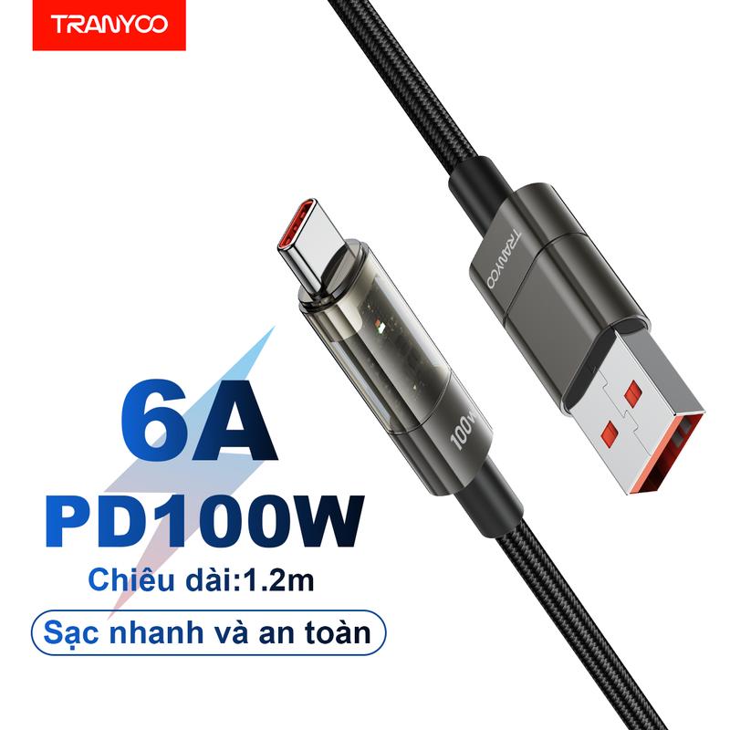 Dây sạc nhanh TRANYOO AC-1 dây sạc Type-c củ sạc nhanh nhiệt độ thấp 100w tương thích với 66W 44W 1.2m dây bện nylon nắp di động màn hình ánh sáng trong suốt chống uốn không bị gãy Phụ Kiện Phone,miễn phí vận chuyển USB cáp a SIÊU BỀN