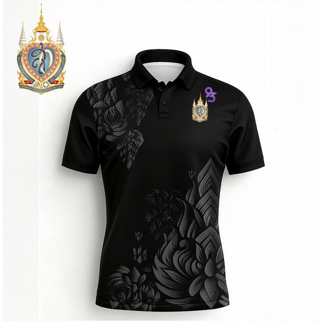 Sriikit Ladies' Polo Shirt in Black with Elegant Thai Pattern for Official Work, Royal Ceremonies, a
