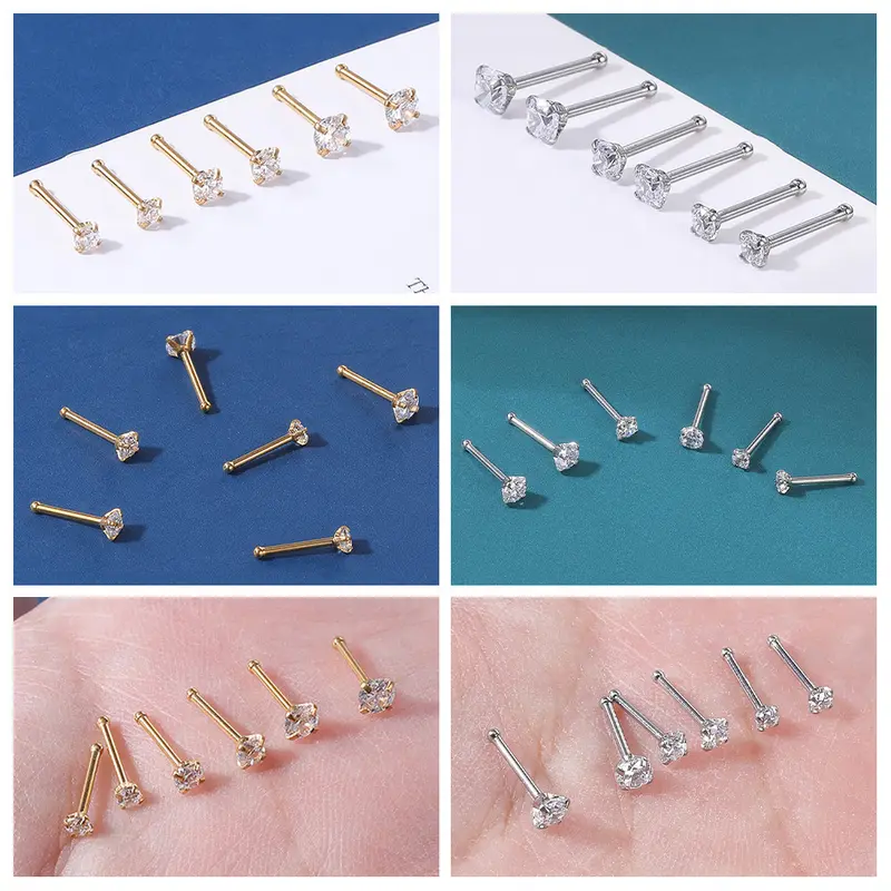 1 PC 18G/20G Stainless Steel Nostril Piercing 1.5/2/2.5/3mm Crystal Nose Piercings L Shape Nose Stud Cubic Zircon Nose Stud 3