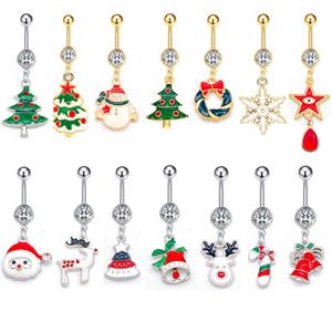 แหวนสะดือคริสต์มาส วัสดุสแตนเลส สตั๊ดสะดือ ดีไซน์ซานตาคลอส เกล็ดหิมะ และจี้กวางเรนเดียร์ มาใหม่