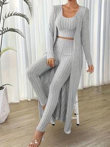 Three-Piece Set Women's Solid Scoop Neck Crop Tank Top & Elastic Waist Pants & Open Front Long Sleeve Outwear, Casual Spring & Fall Ribbed Set for Ladies, Women's Clothing for Daily Wear