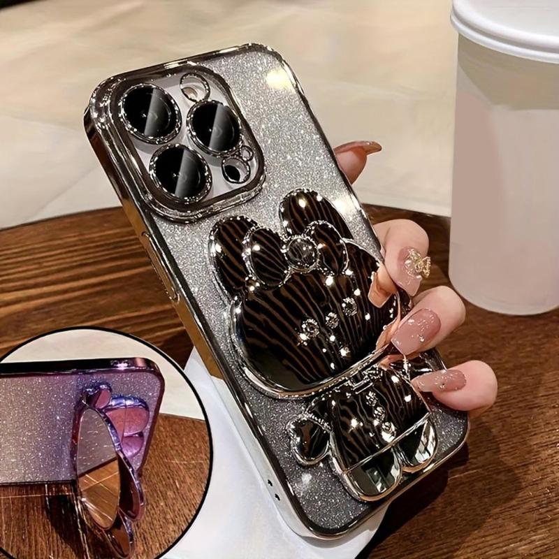 Cute Bunny Design Phone Case with Camera Lens Protector & Hidden Mirror Holder, Shockproof Phone Protective Cover, Phone Accessory Compatible with iPhone 15 14 13 12 11 Pro Max Plus 1