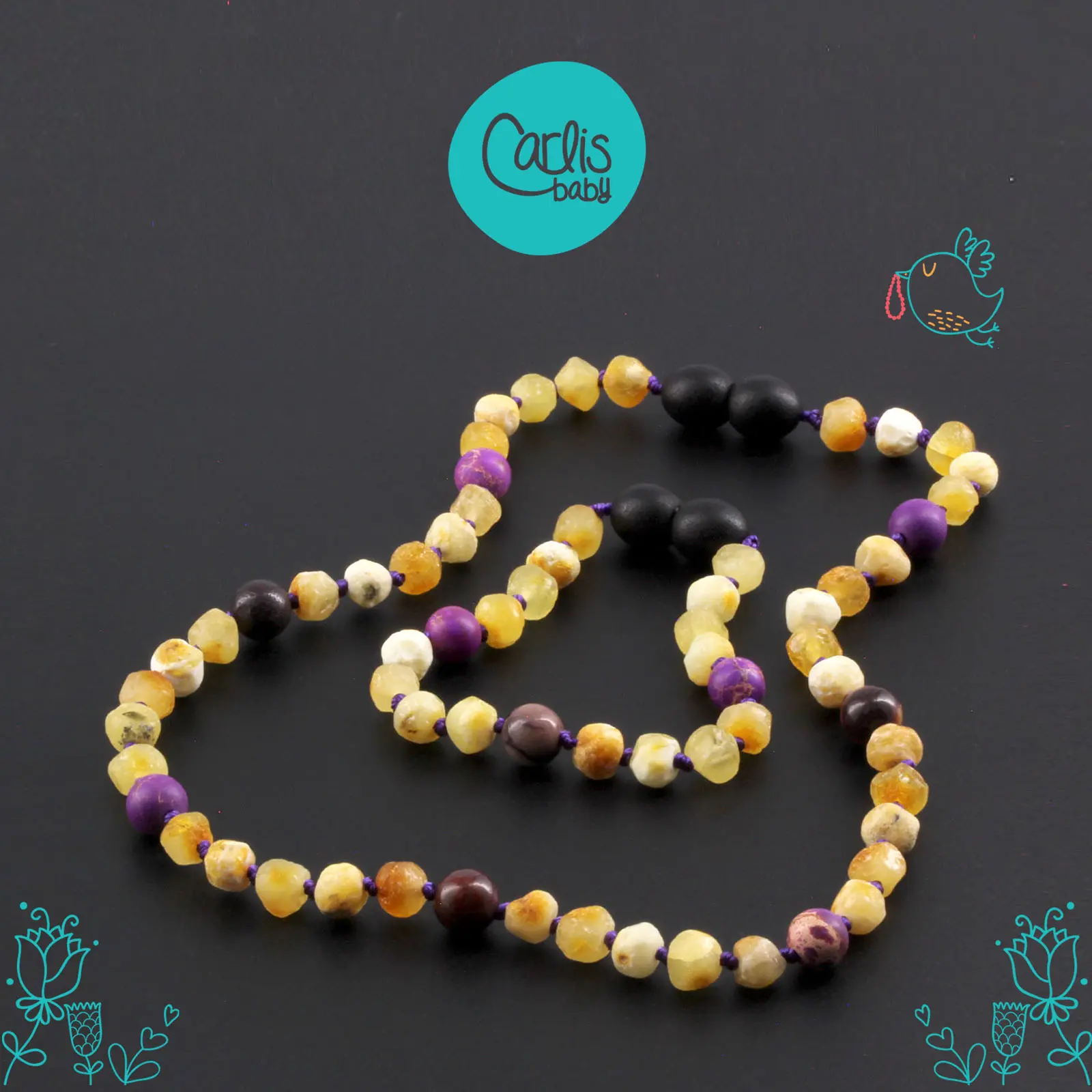 Kalung & Gelang Amber Tumbuh Gigi Bayi dengan Purple Imperial Jasper & Mookaite By Carlis Baby. AGL33