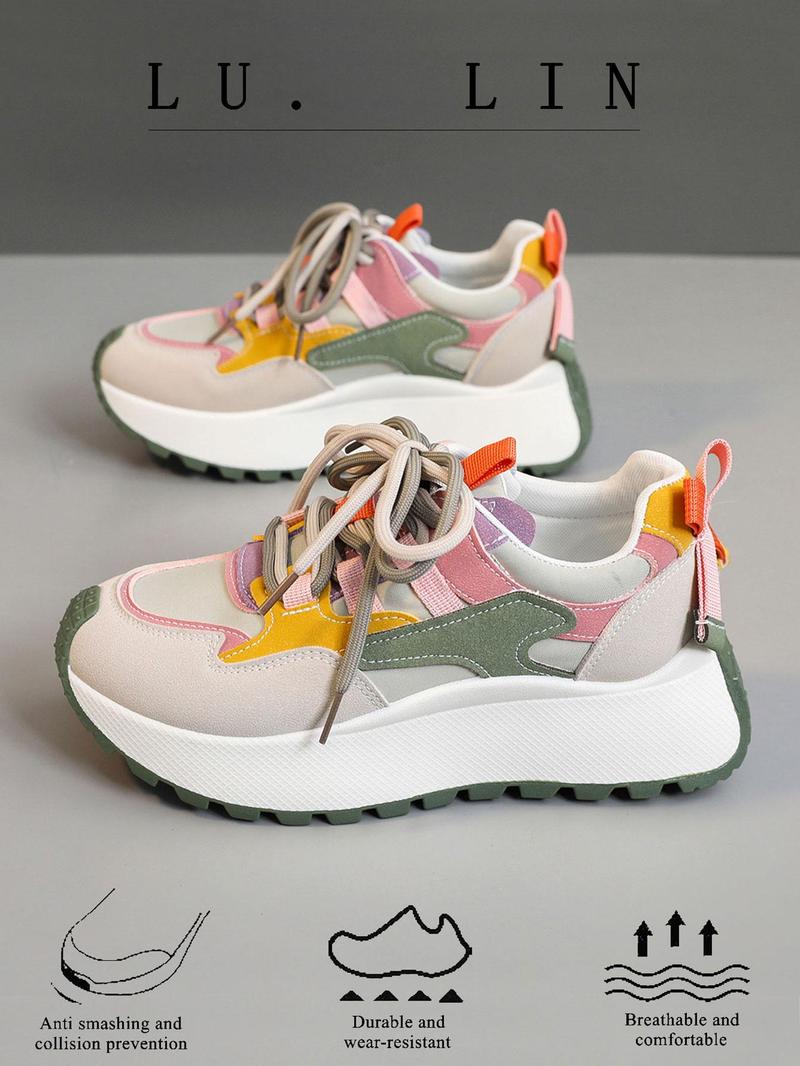 Product Introduction of Women's Fashionable Colorblock Lace Up Low Top Sneakers, Casual Comfortable Breathable Sports Running Shoes, All-match Non-slip Sneakers for Daily Wear 3