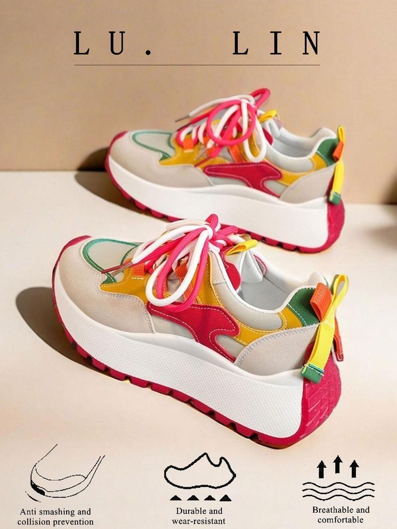 Product Introduction of Women's Fashionable Colorblock Lace Up Low Top Sneakers, Casual Comfortable Breathable Sports Running Shoes, All-match Non-slip Sneakers for Daily Wear 5
