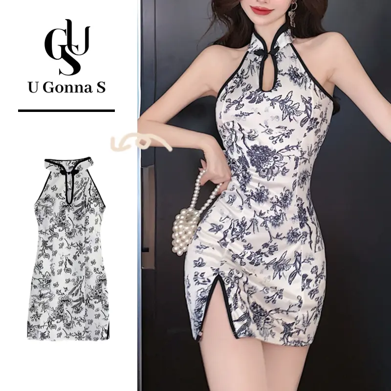 Đầm sườn xám cách tân không tay hoa với Xẻ Bên Hông Cổ áo Trung Quốc trên đầu gối thời trang thanh lịch Bodycon 2024 căng ra quần áo truyền thống tiệc tối buổi tối giản dị