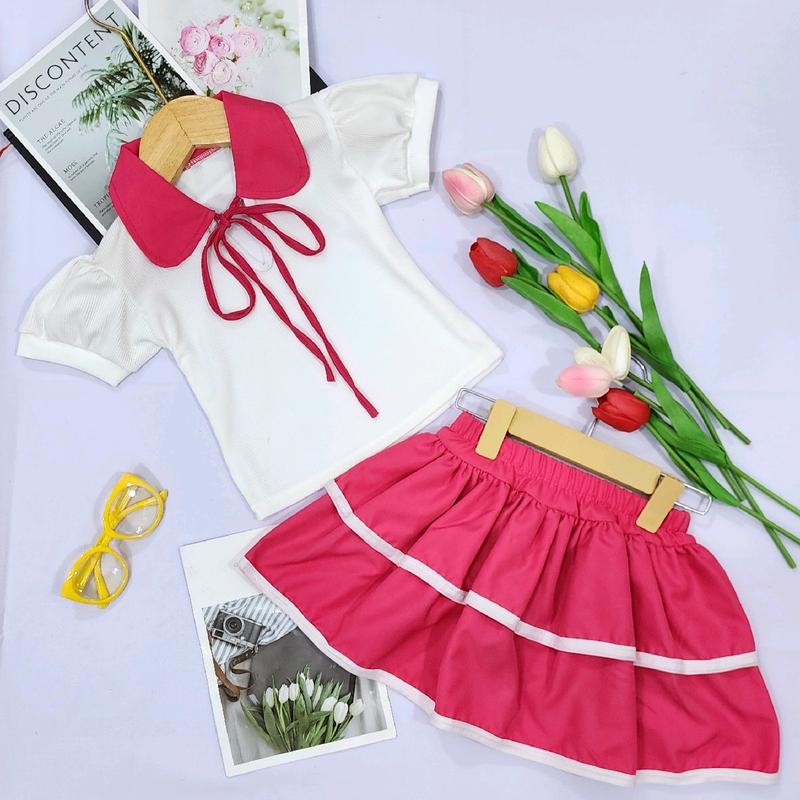 (8-34kg) Set áo thun tăm cổ lá sen + chân váy 2 tầng chất lụa ( có quần bảo hộ bên trong ) Cho Bé
