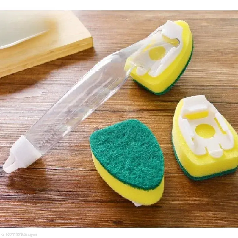 Sponge Soap Dispensing Dish Cleaning Brush Set With 1 Dish Washing Handle 2 Sponge Replacement Head Kitchen Sink Scrubber Tool