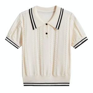 Summer College Polo Collar T-Shirt for Women Korean Version Hollow Out Design Short Sleeve Knitted Top Color Block Top