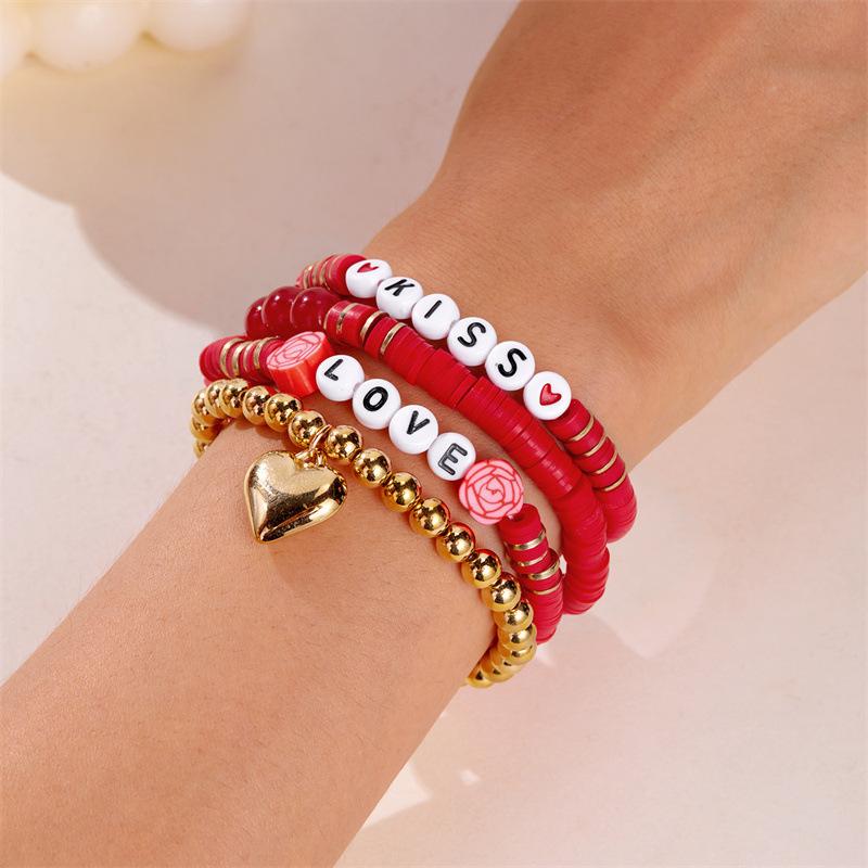 Product Introduction of Europe and America Cross Border Valentine's Day Bracelet Multi-Layer Twin Pink Love Pendant Bracelet Polymer Clay Beaded Stretch Bracelet 7
