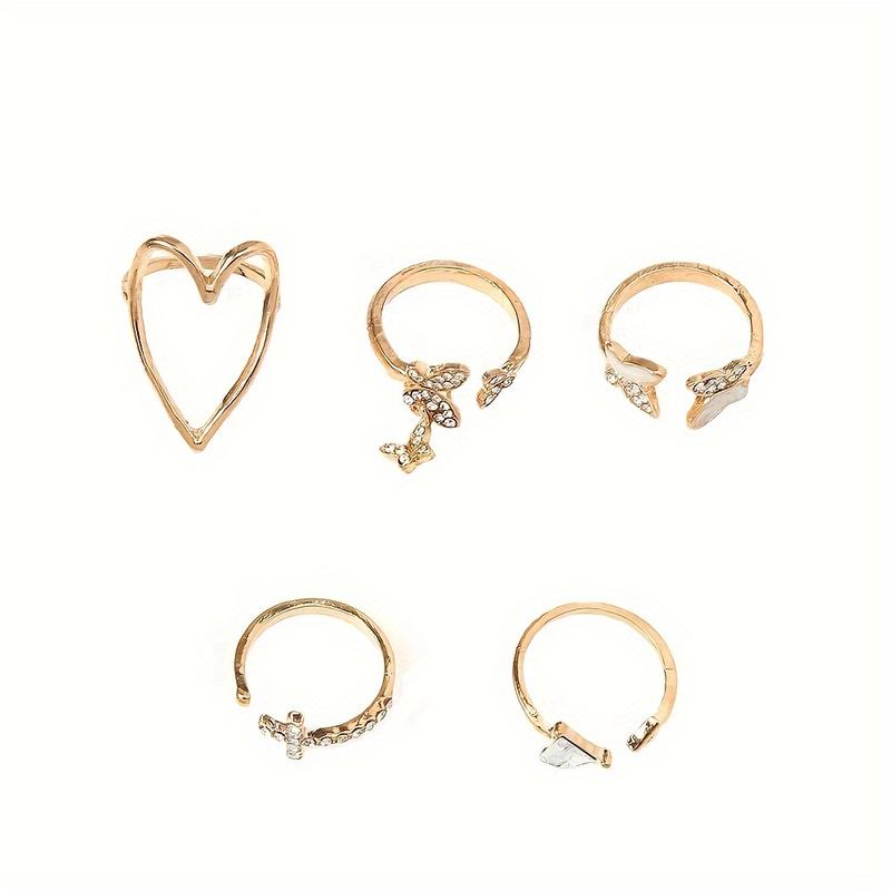Product Introduction of 5pcs/set Random Rings Elegant Heart Butterfly Triangle Ring Alloy Rings Valentine's Day Gift 2