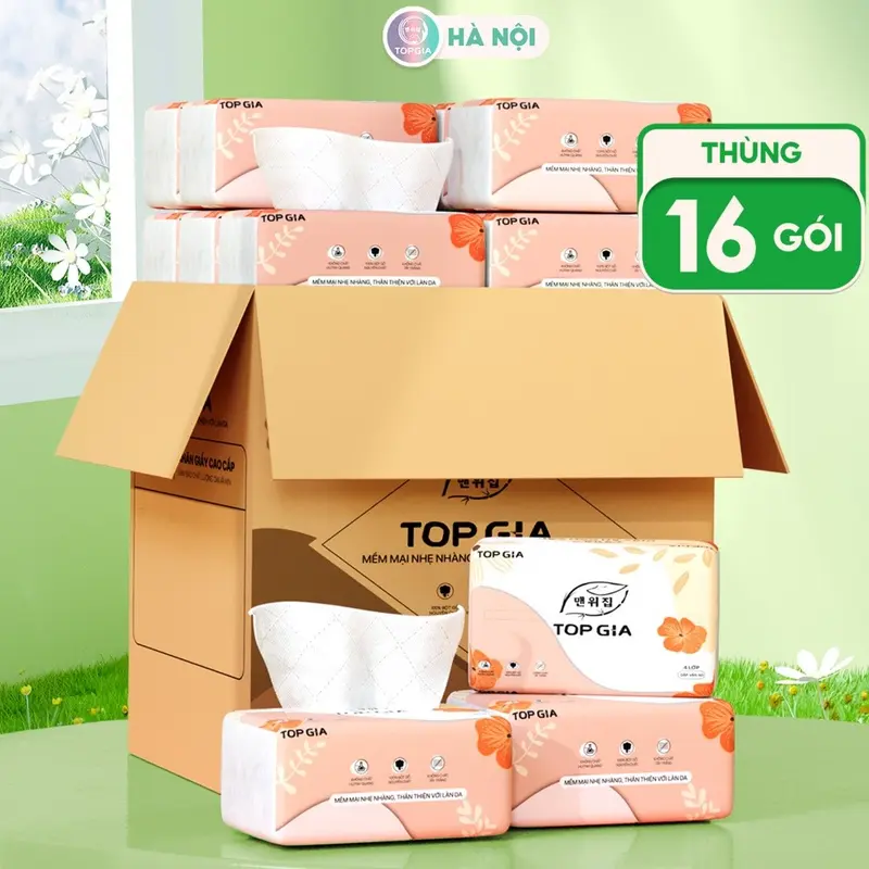 Ưu Đãi Giấy ăn rút Topgia thùng 16 gói Sắc Hạ cao cấp 240 tờ 4 lớp dập vân 4D dày dặn 0