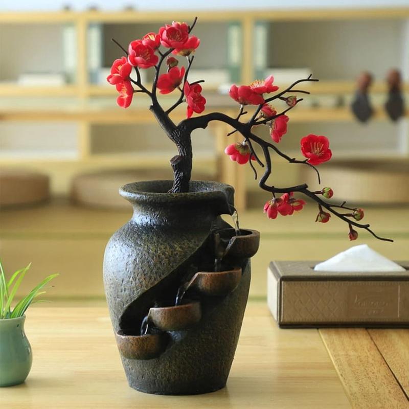 New Resin Indoor FengShui Ornaments Water Fountain 15.7in Flower Vase Waterfall Fountain with Simulated Decorative Trees Indoor Waterfall Study Office Tea Room 1